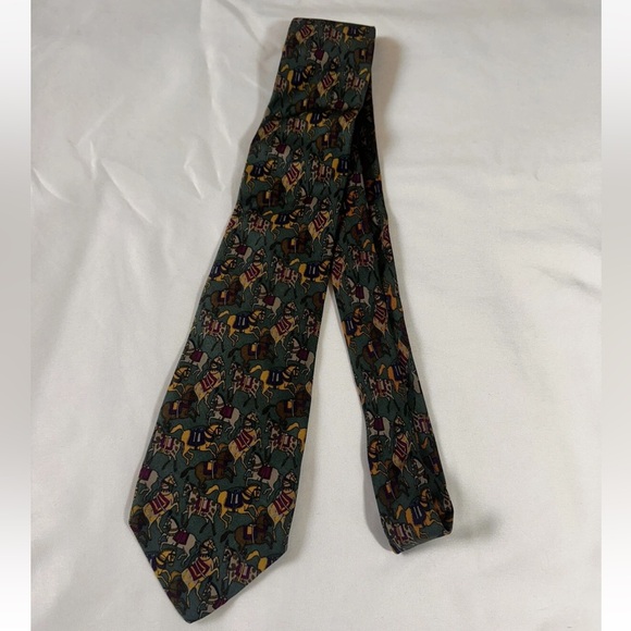 SALVATORE FERRAGAMO Men's Silk Tie Green Navy Gold Yellow Purple Horse Pattern - Picture 4 of 6